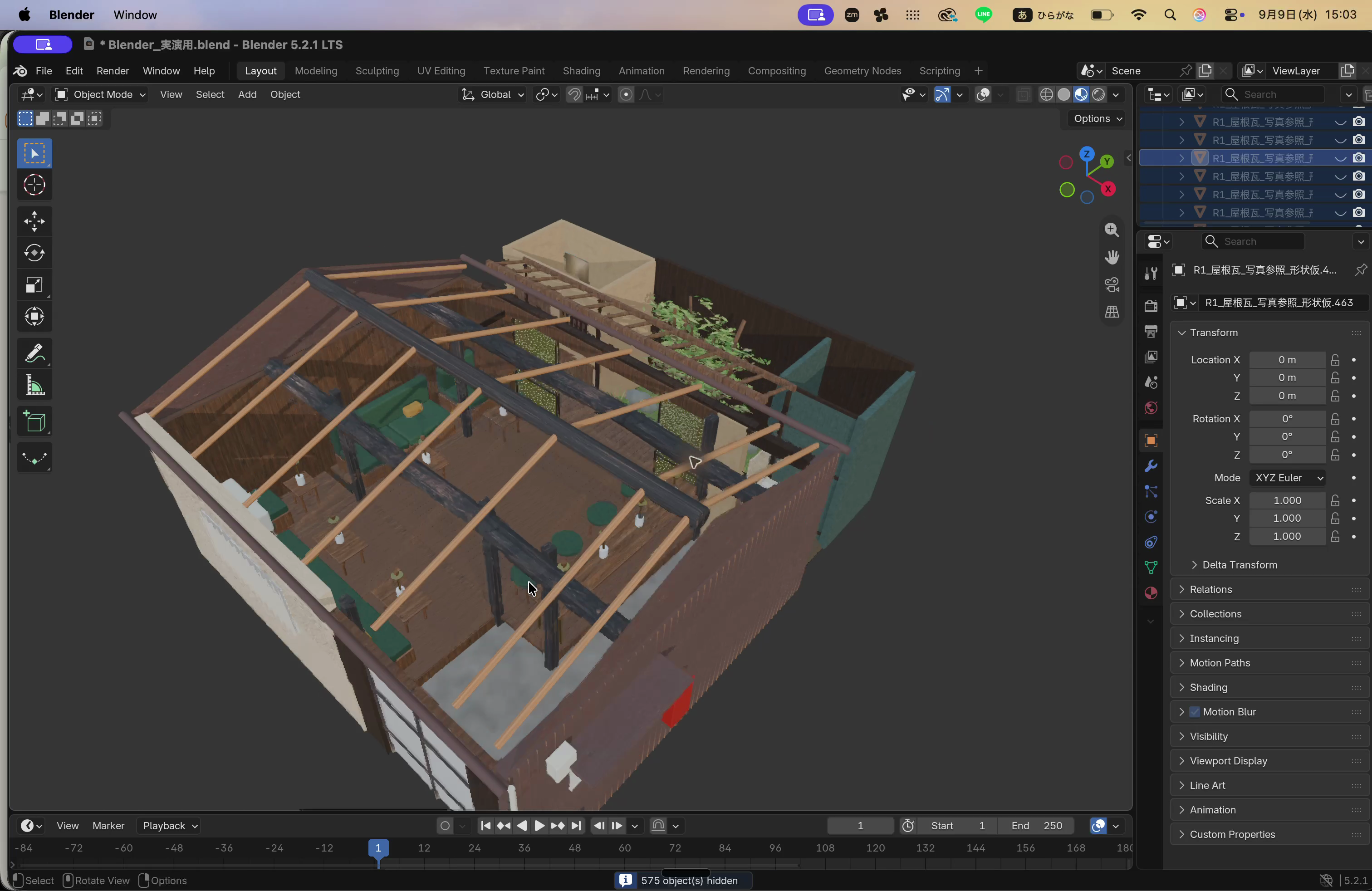 AIと制作した店舗の3DモデルをBlenderで操作している実際の画面