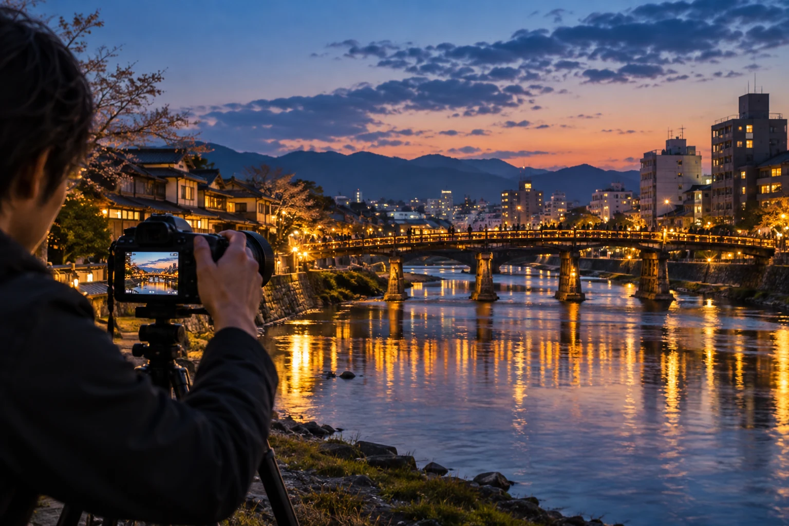 川辺の夕景を撮る街ロケのイメージ