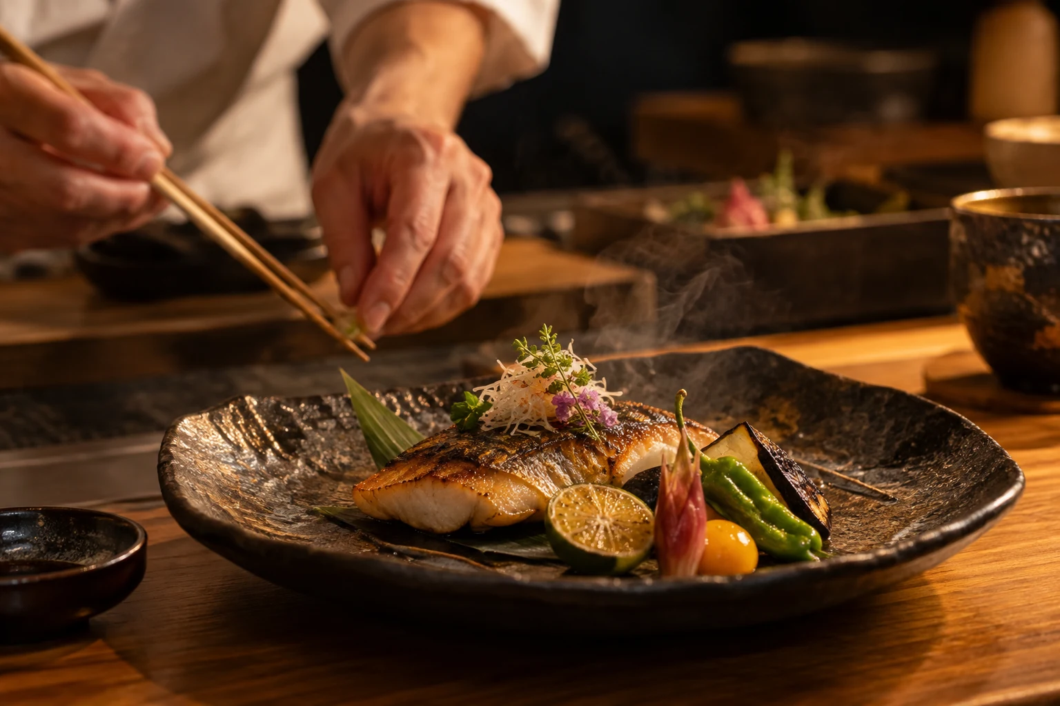 料理を仕上げる手元と料理写真の撮影イメージ